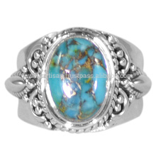 Piedra preciosa de turquesa de cobre azul natural con plata de ley 925 joyas florales de boda anillo de diseño